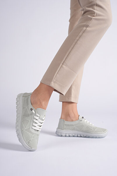 SEFERİ Women's Ice Blue Genuine Leather Flexible Lace-Up Sneakers - Comfortab...