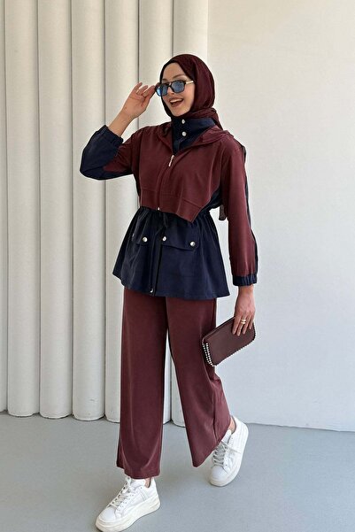 Modaensarbutik Tencel Kumaş Pantolonlu Üçlü Tesettür Takım-BORDO