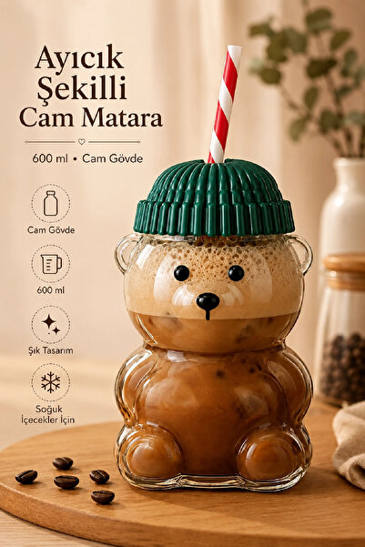 Berdina Home Ayıcık Şekilli Cam Su Matarası 550 ml Beyaz Pipetli Kapaklı Sulu...