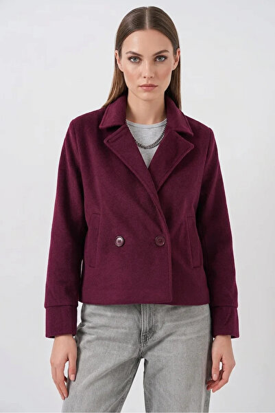 buğrahayalin Women's Classic Collar Double Button Cotton Claret Red Jacket