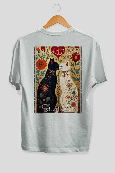 Ankhises For the Love of Cats 82 Cats Printed White Oversize T-Shirt 100% Cot...