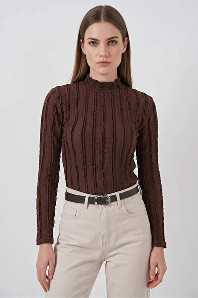 buğrahayalin Women's High Collar Textured Brown Blouse