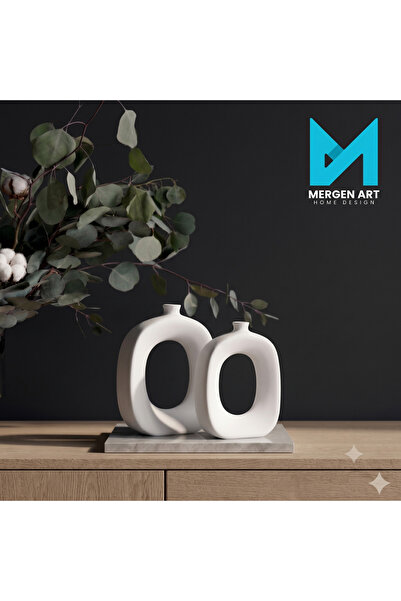 Mergen Art Modern Taş Tozu Modern Halka Vazo Seti 2'li Mat Beyaz (21/18 cm) -...