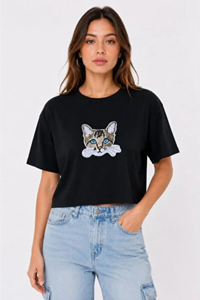 Wear Up Μπλουζάκι με στάμπα Cat Oversize Crop T-shirt Casual Basic με μισό μα...