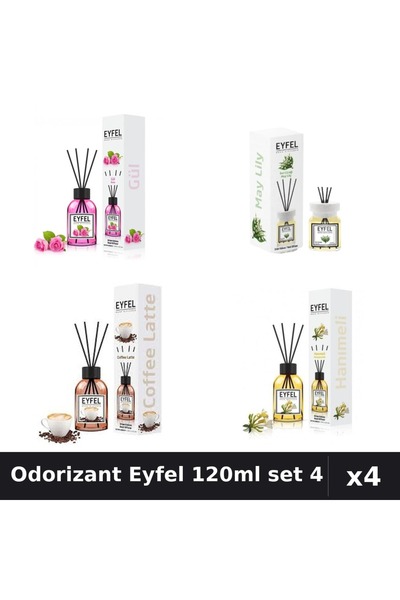 Eyfel Set 4 Odorizant Camera Betisoare 120ml - Trandafir, Lacramioare, Cafea,...