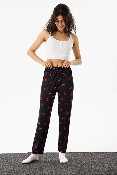 epixx giyim Women's Cherry Patterned Pajama Bottoms 100% Cotton Summer Wear