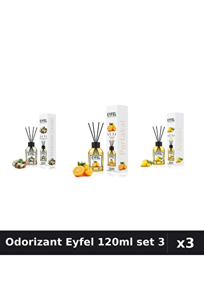 Eyfel Set 3 Odorizant Camera cu Betișoare 120ml - Nucă Cocos, Portocală, Ananas