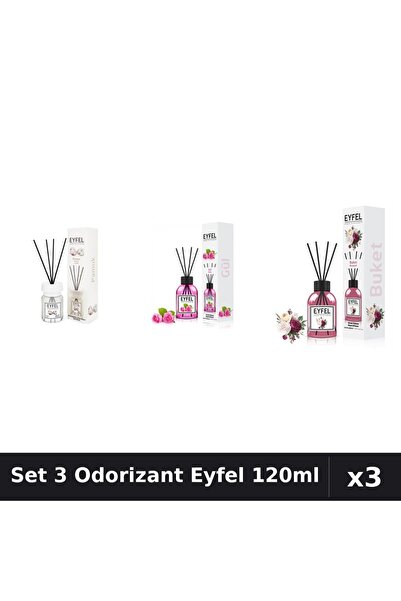 Eyfel Set 3 Odorizante Camera Betisoare, Bouquet, Bumbac, Trandafir, 120 ml