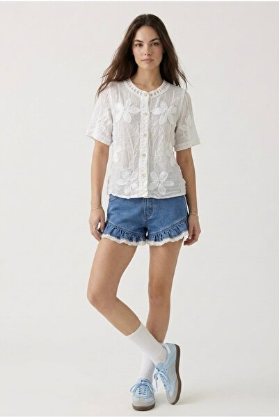 Neden Tekstil Bohemian Cotton Floral Embroidered Short Sleeve Transparent Shirt