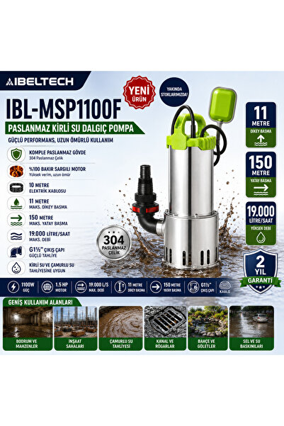 İBELTECH IBL-MSP1100F 1100W 1.5HP Paslanmaz Kirli Su Dalgıç Pompa 10 Metre Ka...