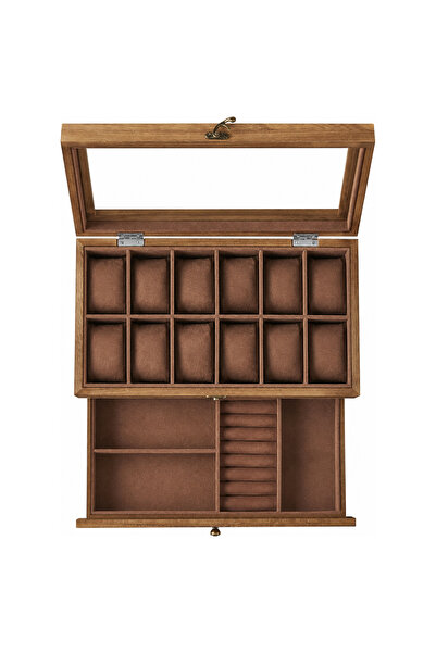SONGMICS Box for 12 watches with jewelry drawer, glass lid, velvet , 34x19x13...