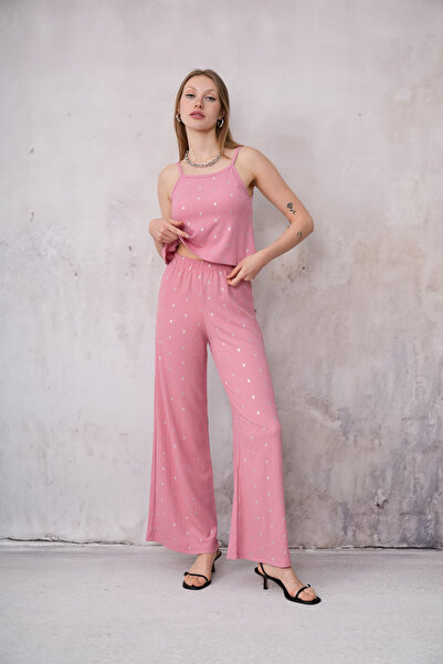 PONÇİK Kadın Bürümcük Kumaş Askılı Crop Bluz Geniş Paça Pantolon İkili Takım ...