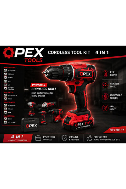 opex Set de scule 4 piese 21V 5Ah cu ciocan rotopercutor, mașină de găurit, mașină de filetat cu impact și flexibilă