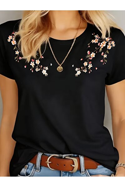 PAVRO Unisex Άνετο T-shirt με μικτό σχέδιο και στάμπα