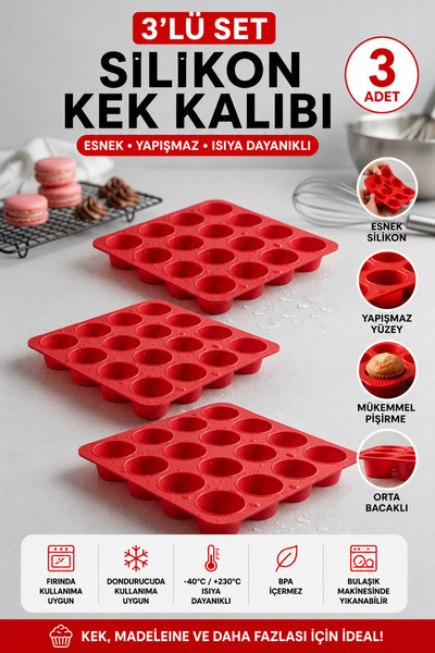 Stork 3 Adet 16 Gözlü Silikon Makaron, Mini Kek ve Çikolata Kalıbı - Yanmaz Y...