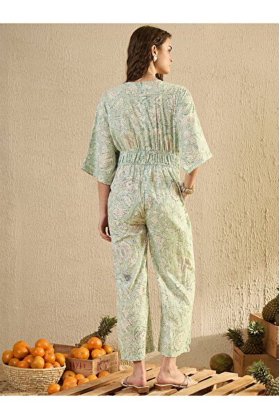 Sanskrutihomes By Styli Green Floral Print V Neck Cotton Jumpsuit
