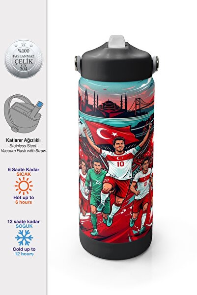 Coral High Kırmızı Beyaz Milli Takım Desenli Pipetli ve Direkt İçim Çelik Ter...