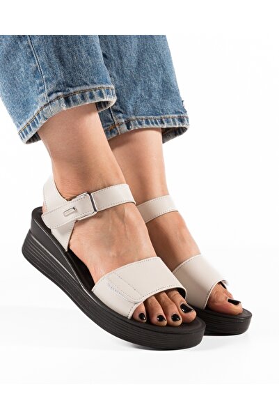 ALOGO Sandale dama cu Platforma Bej din Piele Ecologica Ione