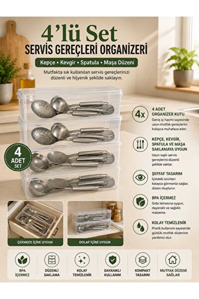 zemihra 4 Adet Servis Gereçleri Saklama Kabı Kepçe Kevgir Spatula Kaşık Çatal...