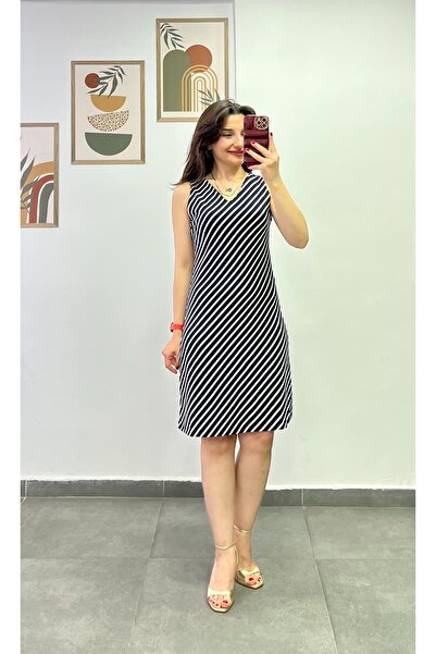 bydenizcollection Zero Sleeve Front and Back V-Neck Navy Blue Striped Dress