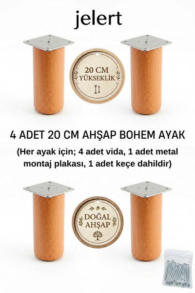 Jelert Bohem Masif Gürgen 20 cm Mobilya Yükseltme Ayağı – Dörtlü, Ceviz - Rob...