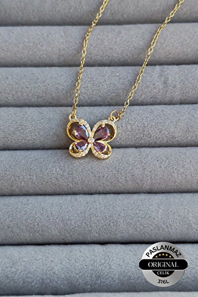 Lynare Butterfly Model Purple Drop Stone 316 L Steel Necklace