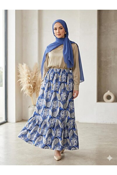 520CK Women's Blue Shawl Patterned Skirt with Ruffles and Flounces, Large Siz...