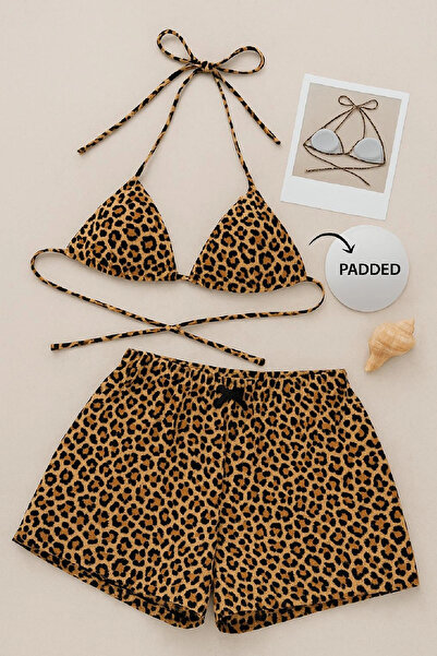 TTT Women's Leopard Patterned Shorts and Tie-Waist and Neck Bikini Set