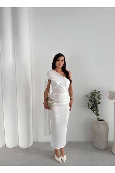 maf collection Γυναικείο βραδινό φόρεμα από λευκό ύφασμα Sandy με διάφορα δέσ...