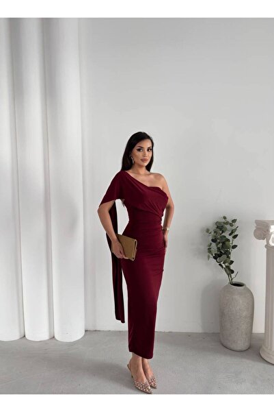 maf collection Women's Burgundy Sandy Fabric Multi-Style Neck Tie Evening Dress