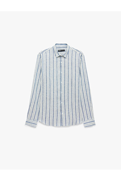 Koton Classic Collar Long Sleeve Viscose Linen Blend Loose Fit Striped Shirt