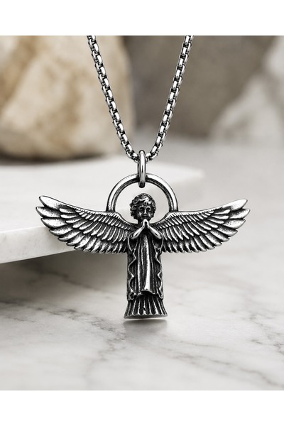 voyageaccessory Anthracite Color Stainless Steel Winged Guardian Angel Icon N...