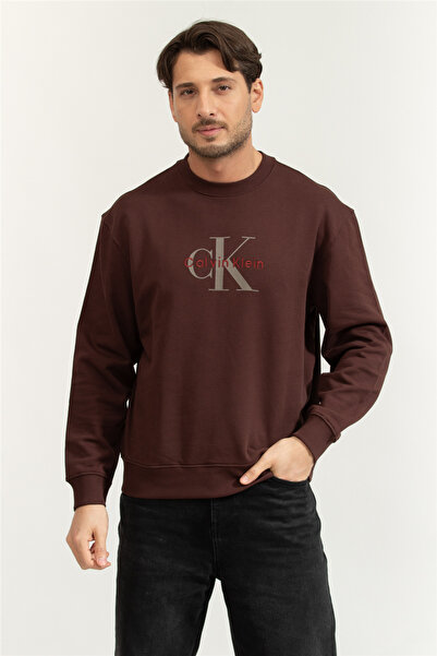 Calvin Klein Erkek %100 Pamuklu CK Logolu Yuvarlak Yakalı Uzun Kollu Kahveren...