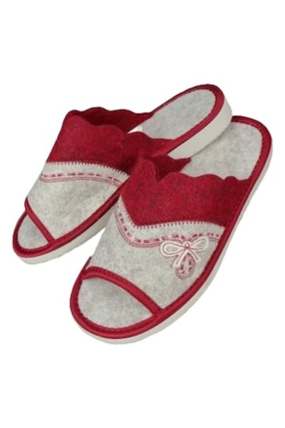 OEM Womens Felt Slippers, Open Toe Home Shoes with Bow Embroidery, Red Grey, ...