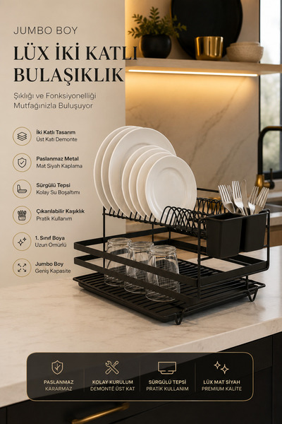 KITCHBATH 2 Katlı Tezgah Üstü Paslanmaz Metal Bulaşıklık, Büyük Boy Premium T...