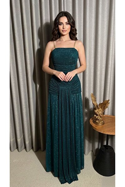 1111112 Petrol Blue Dress with Shiny Pleats