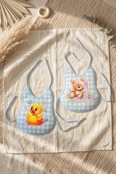 Babydonat Set of 2 Blue Gingham Liquid-Proof Baby Bibs 6-18 Months - Cute Ted...