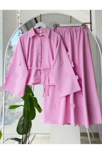 MODA VEDAT Kadın Lazer Kesim Çiçek Aksesuarlı Etekli Takım -0550