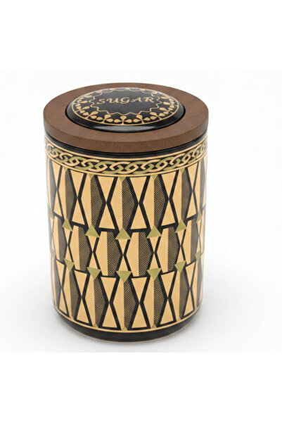 AKDC Black & Gold Geometric Ceramic Canister with Lid | 15×10 cm