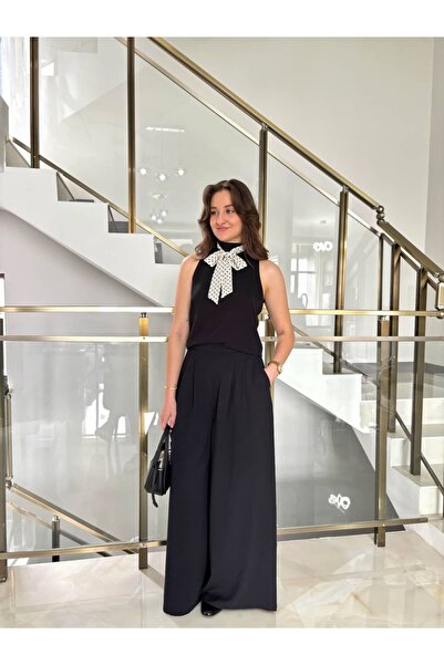 Sude Kızanlıklı Polka Dot Pattern Scarf Detailed Blouse and Pants Set
