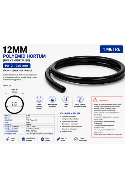 GENERAL GDS 12mm Polyemid Hortum PA12 Siyah 12x9 mm Pnömatik Hava ve Sıvı Tra...