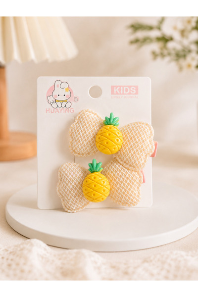 Kids Ananas KİRAZ ÇİLEK HAVUÇ MUZ Figürlü Çocuk Saç Tokası 2’li Set Kız Çocuk Çıtçıt Toka Bej Fiyonk