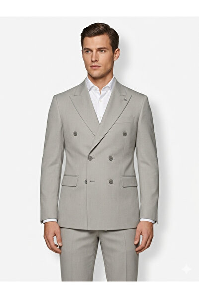 İMAJ MAĞAZACILIK Men's Stone Color Double-Breasted Suit - Slim Fit Striped Te...