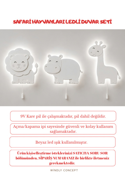 Windly Concept Safari Hayvanları LED Duvar Lambası 3’lü Set (Aslan, Zürafa, H...