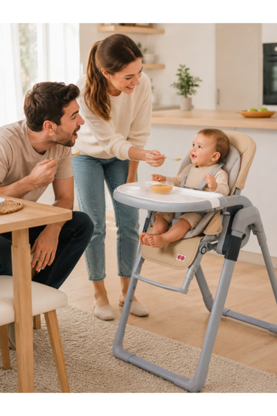 modabebekler Mama Sandalyesi Bej Gri Konforlu Minderli Geniş Tepsili Güvenli ...