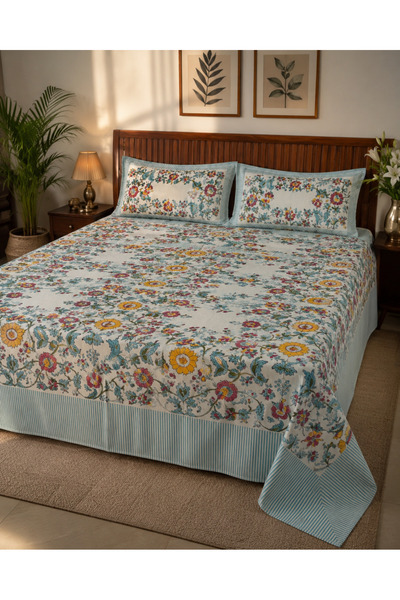 Velora Cottons Sunflower Bloom Hand Block Printed Cotton Bedsheet