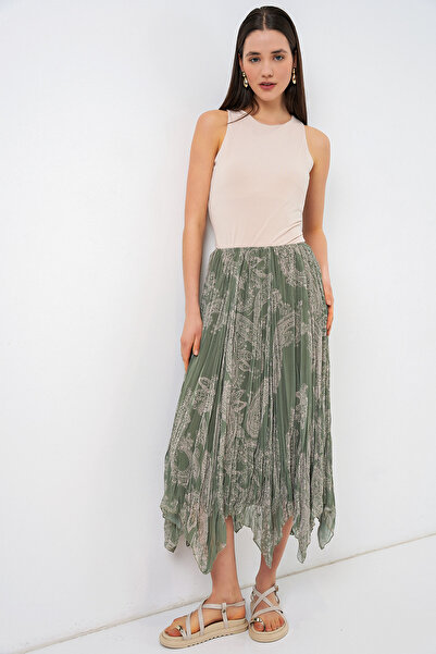 Merterium Women's Asymmetrical Tulle Chiffon Skirt 1477 - Çağla