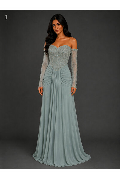 Queens dresses فستان سهرة ماكسي مطرز باكتاف مكشوفة