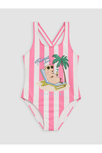 LC Waikiki Pembe Baskılı Kız Çocuk Mayo