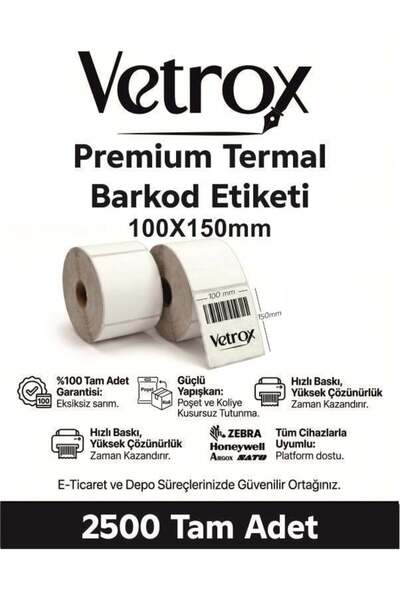 vetrox 1.KALİTE TERMAL BARKOD ETİKETİ 100X150 mm 2500 Adet-TAM ADET